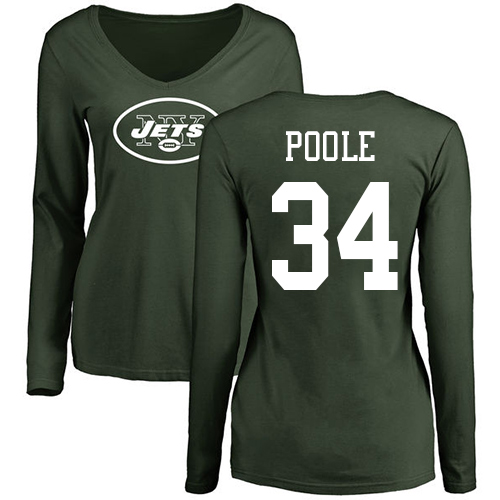 New York Jets Green Women Brian Poole Name and Number Logo NFL Football #34 Long Sleeve T Shirt->women nfl jersey->Women Jersey